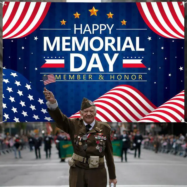 Alt view image 4 of 7 - Memorial Day Decorations Banner 72" x 48" Backdrop | Remember and Honor Happy Memorial Day Soldiers Patriotic Party Decorations for Indoor Outdoor Room,Wall,Fence Decorations