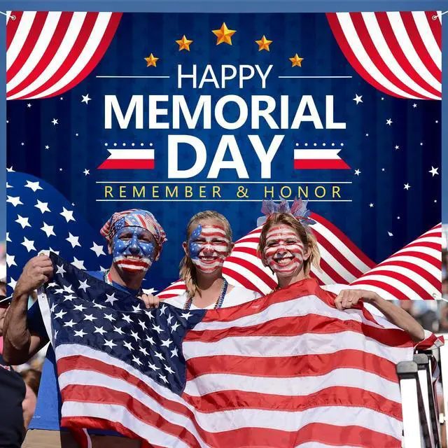 Alt view image 5 of 7 - Memorial Day Decorations Banner 72" x 48" Backdrop | Remember and Honor Happy Memorial Day Soldiers Patriotic Party Decorations for Indoor Outdoor Room,Wall,Fence Decorations