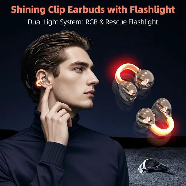 Alt view image 2 of 6 - Wireless Clip On Earbuds with Cool LED Light, 2-in-1 Flashlight Charging Case, Glowing Bluetooth Headphones for Night Running & Gaming, Gifts for Men