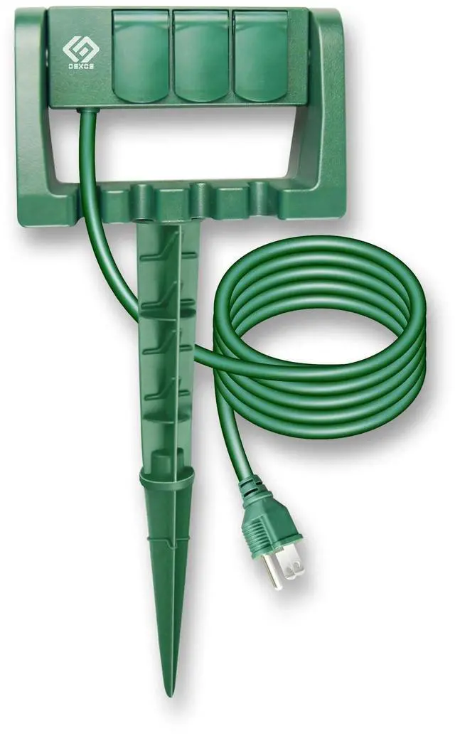 Main image of Outdoor Power Stake, 3 Grounded Outlets with 90º Rotating Function and Safety Cover, 6FT Cord, UL Listed, Green