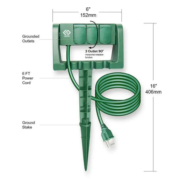 Alt view image 5 of 6 - Outdoor Power Stake, 3 Grounded Outlets with 90º Rotating Function and Safety Cover, 6FT Cord, UL Listed, Green