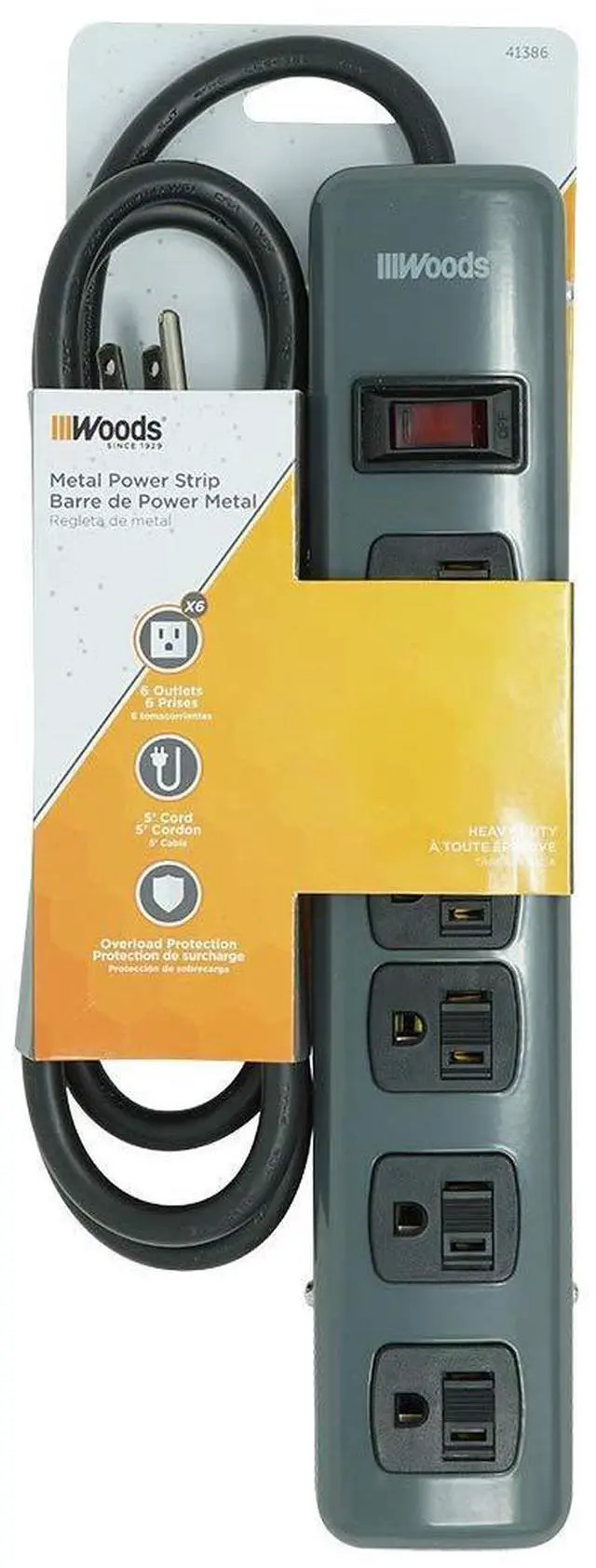 Main image of Southwire Metal Power Strip - 6-Grounded Outlets - Resettable Safety Circuit Breaker Switch - 5-Foot Cord - Heavy Duty Outlet Extender
