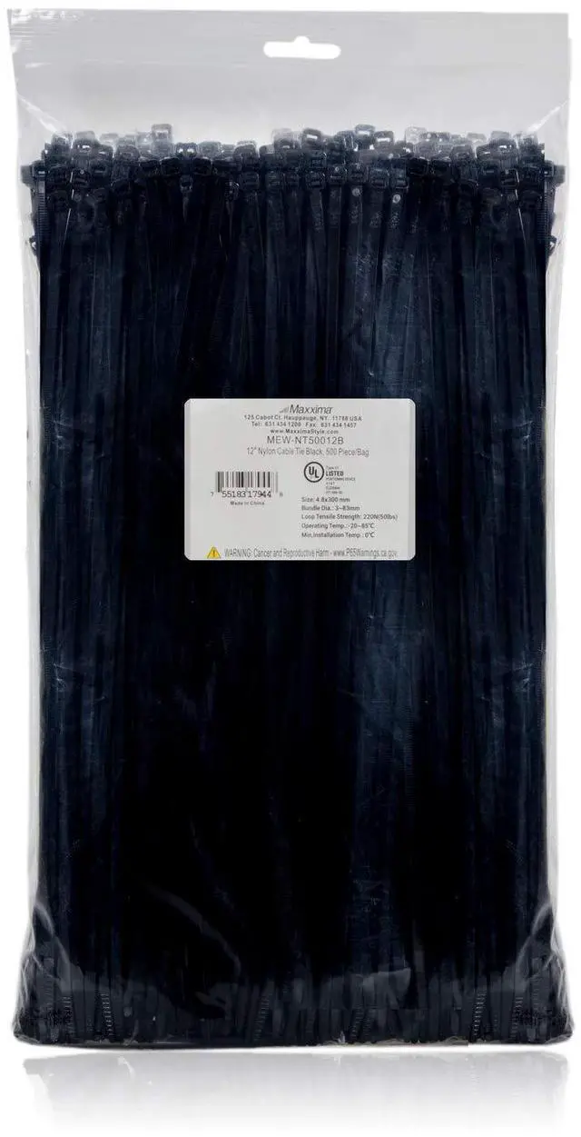 Main image of 12 Inch Nylon Cable Tie, Black, Multipurpose Heavy Duty, 500 Pack | Self-Locking, Cord and Wire Management, For Home, Office, Workshop