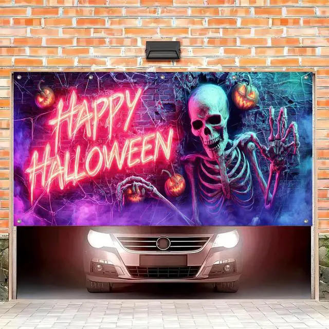 Alt view image 2 of 6 - Garage Door Cover 13x6ft Polyester Halloween Banner | Polyester, neon skull and pumpkins Garage Door Cover for seasonal, garage and outdoor party decor