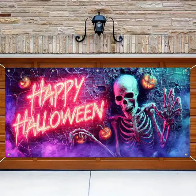 Alt view image 3 of 6 - Garage Door Cover 13x6ft Polyester Halloween Banner | Polyester, neon skull and pumpkins Garage Door Cover for seasonal, garage and outdoor party decor