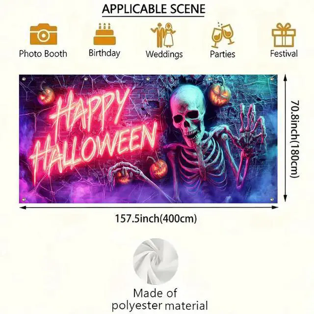 Alt view image 4 of 6 - Garage Door Cover 13x6ft Polyester Halloween Banner | Polyester, neon skull and pumpkins Garage Door Cover for seasonal, garage and outdoor party decor