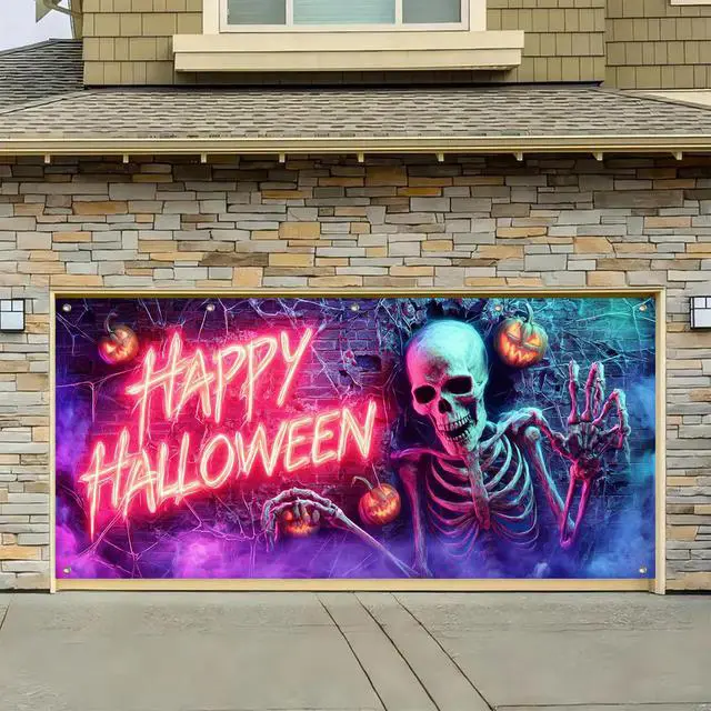 Alt view image 5 of 6 - Garage Door Cover 13x6ft Polyester Halloween Banner | Polyester, neon skull and pumpkins Garage Door Cover for seasonal, garage and outdoor party decor