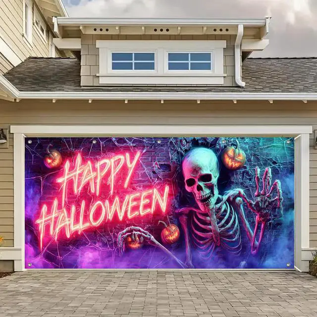 Alt view image 6 of 6 - Garage Door Cover 13x6ft Polyester Halloween Banner | Polyester, neon skull and pumpkins Garage Door Cover for seasonal, garage and outdoor party decor