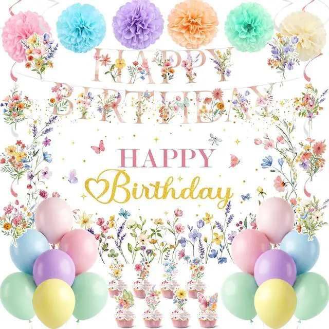 Main image of Wildflowers Butterfly Birthday Decorations Garden for Women/Girl | Flower Birthday Banner with Floral Hanging Swirls Wildflower Party Decorations for Women Girls Baby Shower Wedding Tea Party