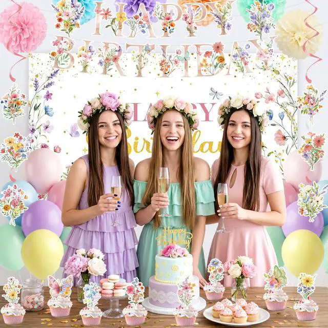 Alt view image 3 of 6 - Wildflowers Butterfly Birthday Decorations Garden for Women/Girl | Flower Birthday Banner with Floral Hanging Swirls Wildflower Party Decorations for Women Girls Baby Shower Wedding Tea Party