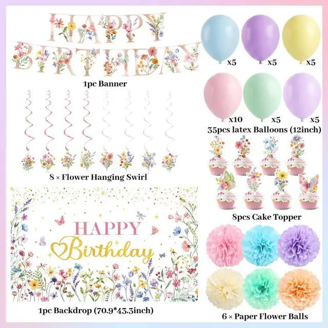 Alt view image 2 of 6 - Wildflowers Butterfly Birthday Decorations Garden for Women/Girl | Flower Birthday Banner with Floral Hanging Swirls Wildflower Party Decorations for Women Girls Baby Shower Wedding Tea Party
