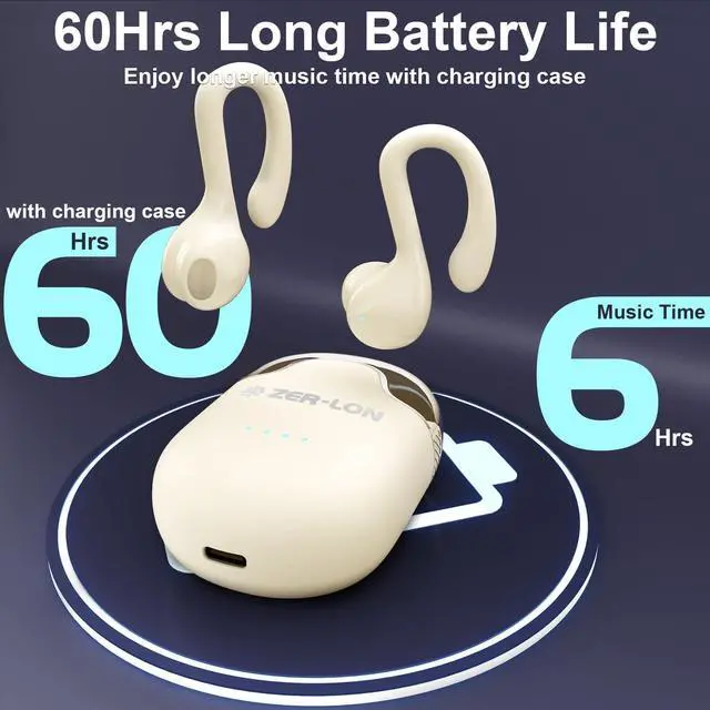 Alt view image 2 of 7 - Wireless Earbuds, Bluetooth 5.3 Headphones 60hrs Playtime Noise Cancelling Wireless Headphones Waterproof Over-Ear Buds with Earhooks Built-in Mic Headset for Workout Sports (Cream)
