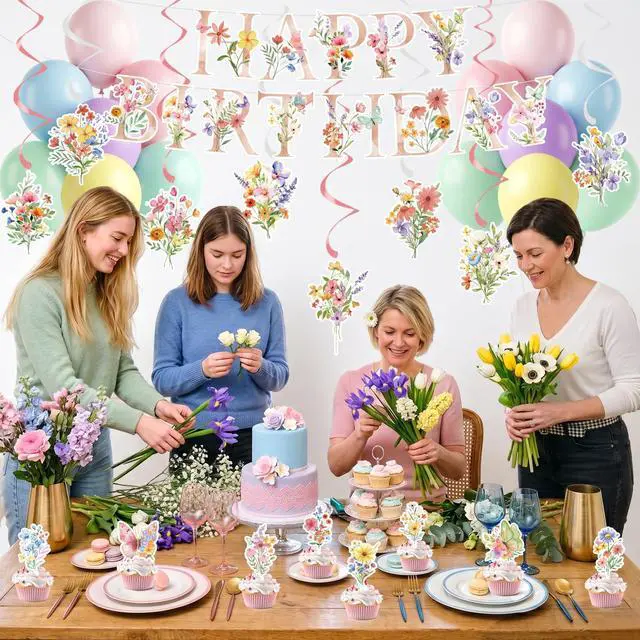 Alt view image 4 of 6 - Wildflowers Butterfly Birthday Decorations Garden for Women/Girl | Flower Birthday Banner with Floral Hanging Swirls Wildflower Party Decorations for Women Girls Baby Shower Wedding Tea Party