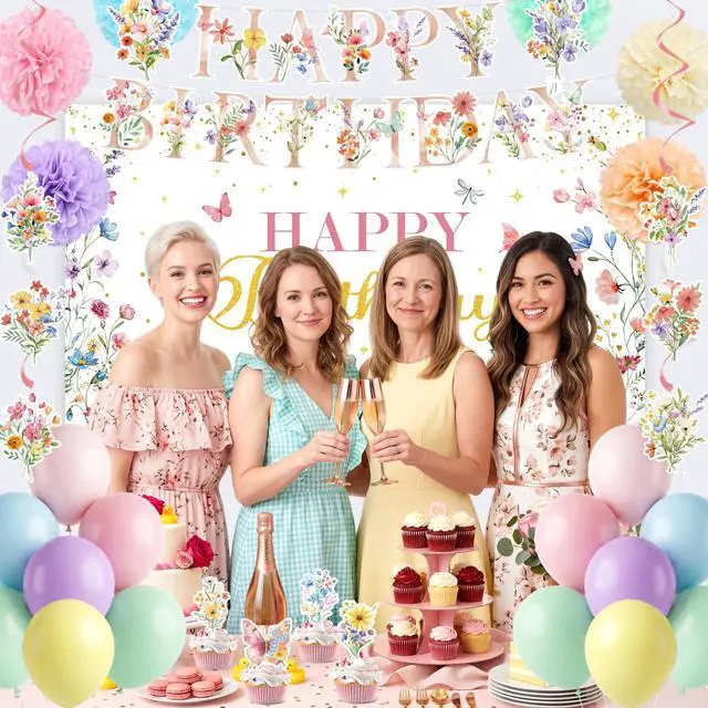 Alt view image 5 of 6 - Wildflowers Butterfly Birthday Decorations Garden for Women/Girl | Flower Birthday Banner with Floral Hanging Swirls Wildflower Party Decorations for Women Girls Baby Shower Wedding Tea Party