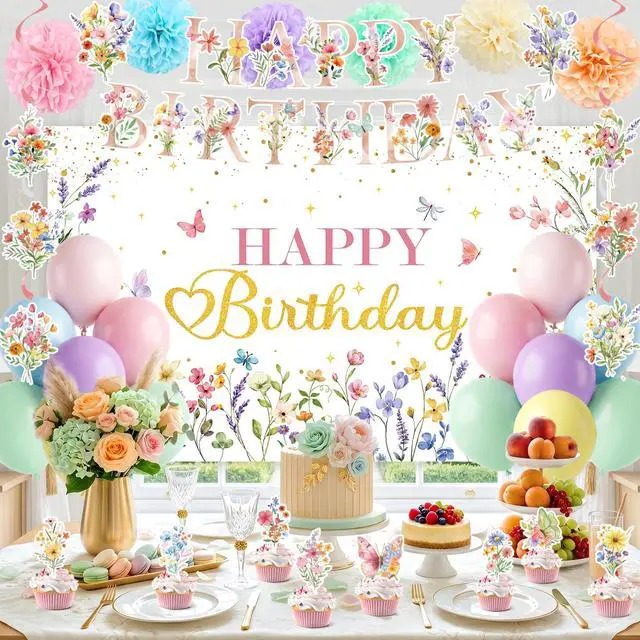 Alt view image 6 of 6 - Wildflowers Butterfly Birthday Decorations Garden for Women/Girl | Flower Birthday Banner with Floral Hanging Swirls Wildflower Party Decorations for Women Girls Baby Shower Wedding Tea Party