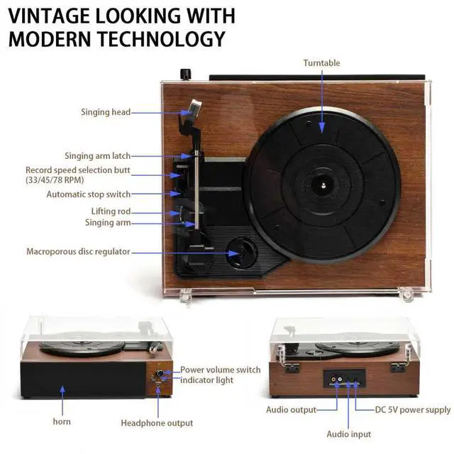 Alt view image 2 of 7 - Portable Bluetooth Vinyl Record Player Turntable with Built-in Speakers, Rechargeable, Multiple Speeds (33/45/78 RPM) Retro Vintage Design for Home & Gifts