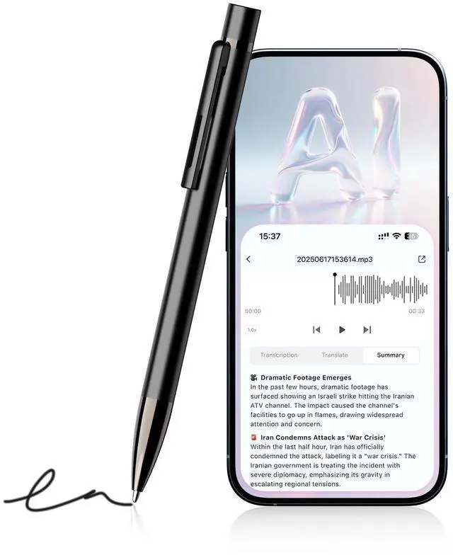 Main image of AI Voice Recorder Pen - App Transcription & Translation (32GB, No Fee) | Write and record in one tool. Includes app control, noise reduction, 120+ languages, USB file access and 3 ink refills