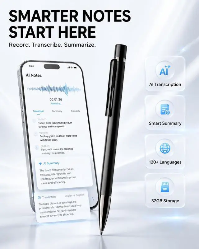 Alt view image 2 of 6 - AI Voice Recorder Pen - App Transcription & Translation (32GB, No Fee) | Write and record in one tool. Includes app control, noise reduction, 120+ languages, USB file access and 3 ink refills