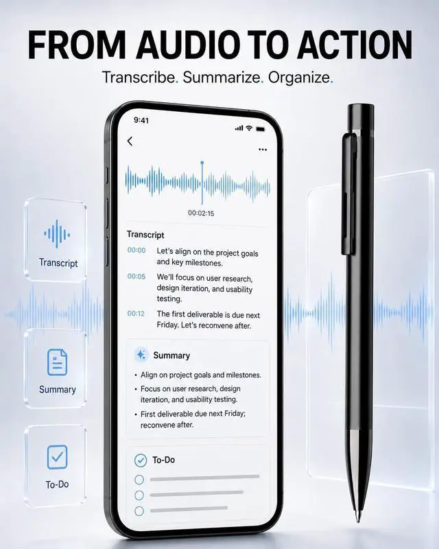 Alt view image 3 of 6 - AI Voice Recorder Pen - App Transcription & Translation (32GB, No Fee) | Write and record in one tool. Includes app control, noise reduction, 120+ languages, USB file access and 3 ink refills