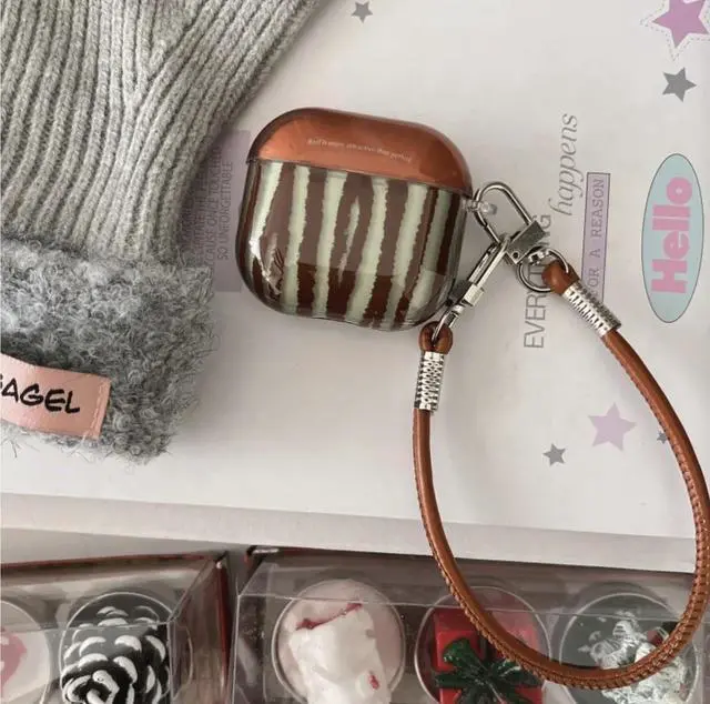 Alt view image 2 of 7 - JANMD for AirPods Pro 3 Case with Strap, Fashion Simple IMD Brown Green Irregular Stripes Design Charm Keychain Women Girls Shockproof Case for AirPods Pro 3