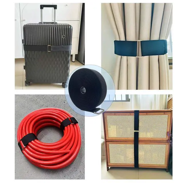Alt view image 5 of 6 - Wide 2" ×16 Ft Long Hook and Loop Cable Straps with 12 Heavy Metal Buckles, Adjustable Nylon Tie Down Straps,Free Cut Length and Width, Reusable, Black