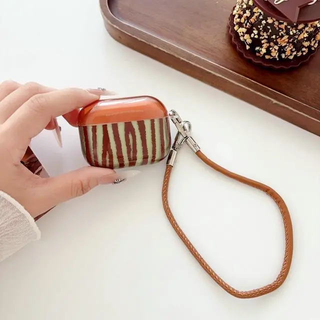 Alt view image 4 of 7 - JANMD for AirPods Pro 3 Case with Strap, Fashion Simple IMD Brown Green Irregular Stripes Design Charm Keychain Women Girls Shockproof Case for AirPods Pro 3