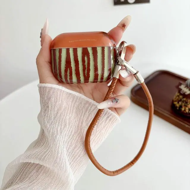 Alt view image 3 of 7 - JANMD for AirPods Pro 3 Case with Strap, Fashion Simple IMD Brown Green Irregular Stripes Design Charm Keychain Women Girls Shockproof Case for AirPods Pro 3
