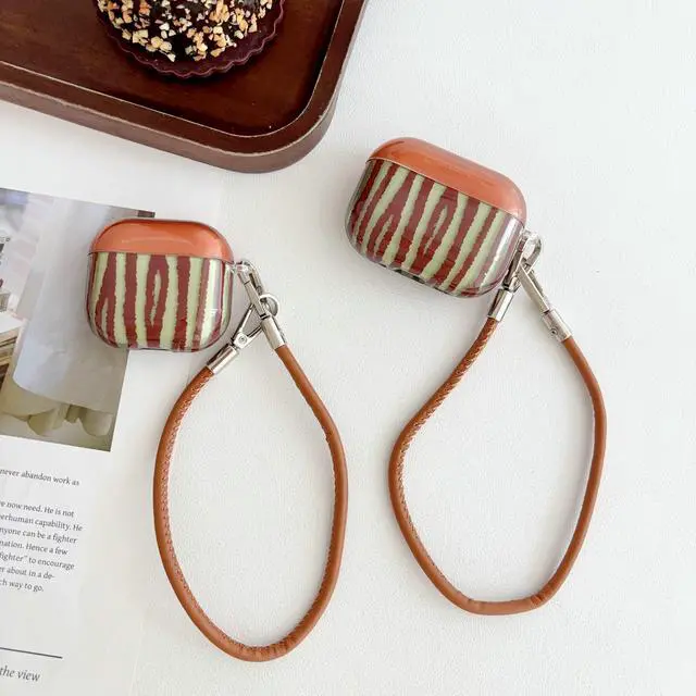 Alt view image 5 of 7 - JANMD for AirPods Pro 3 Case with Strap, Fashion Simple IMD Brown Green Irregular Stripes Design Charm Keychain Women Girls Shockproof Case for AirPods Pro 3
