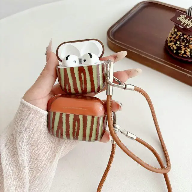 Alt view image 6 of 7 - JANMD for AirPods Pro 3 Case with Strap, Fashion Simple IMD Brown Green Irregular Stripes Design Charm Keychain Women Girls Shockproof Case for AirPods Pro 3