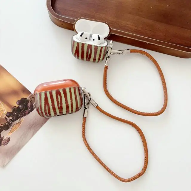 Alt view image 7 of 7 - JANMD for AirPods Pro 3 Case with Strap, Fashion Simple IMD Brown Green Irregular Stripes Design Charm Keychain Women Girls Shockproof Case for AirPods Pro 3