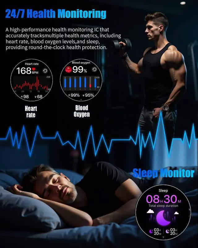 Alt view image 3 of 6 - Military Smart Watch for Men with 1200mAh Long Battery, 1.7" HD Display, Bluetooth Call, LED Flashlight, 5ATM Waterproof, 110+ Sports Modes, Heart Rate & Sleep Monitor, Fitness Watch for Android & iOS