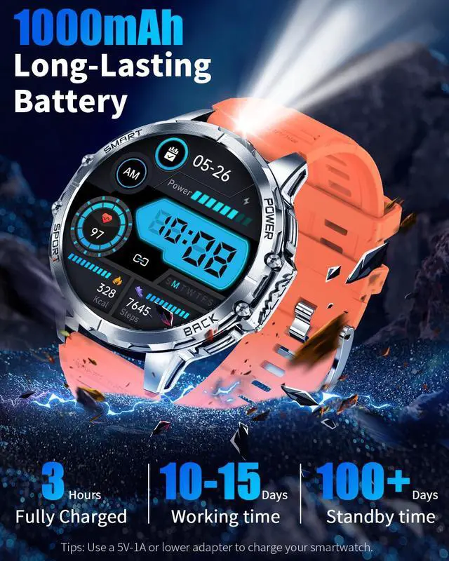 Alt view image 2 of 6 - Military Smart Watch for Men with 1200mAh Long Battery, 1.7" HD Display, Bluetooth Call, LED Flashlight, 5ATM Waterproof, 110+ Sports Modes, Heart Rate & Sleep Monitor, Fitness Watch for Android & iOS