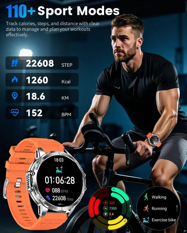 Alt view image 4 of 6 - Military Smart Watch for Men with 1200mAh Long Battery, 1.7" HD Display, Bluetooth Call, LED Flashlight, 5ATM Waterproof, 110+ Sports Modes, Heart Rate & Sleep Monitor, Fitness Watch for Android & iOS