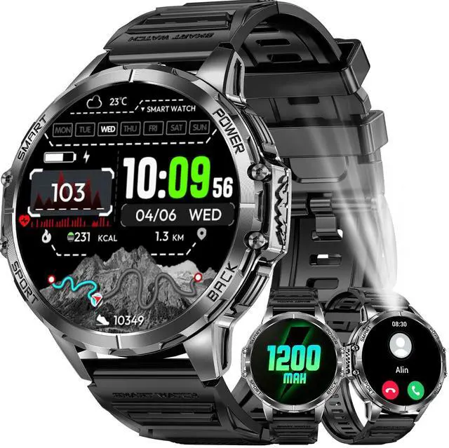 Main image of Military Smart Watch for Men with 1200mAh Long Battery, 1.7" HD Display, Bluetooth Call, LED Flashlight, 5ATM Waterproof, 110+ Sports Modes, Heart Rate & Sleep Monitor, Fitness Watch for Android & iOS