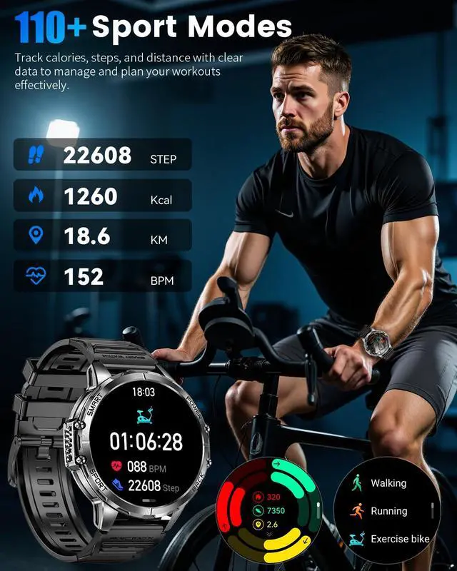 Alt view image 4 of 6 - Military Smart Watch for Men with 1200mAh Long Battery, 1.7" HD Display, Bluetooth Call, LED Flashlight, 5ATM Waterproof, 110+ Sports Modes, Heart Rate & Sleep Monitor, Fitness Watch for Android & iOS