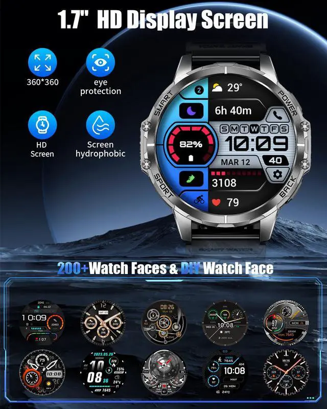 Alt view image 6 of 6 - Military Smart Watch for Men with 1200mAh Long Battery, 1.7" HD Display, Bluetooth Call, LED Flashlight, 5ATM Waterproof, 110+ Sports Modes, Heart Rate & Sleep Monitor, Fitness Watch for Android & iOS