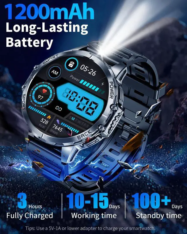 Alt view image 2 of 6 - Military Smart Watch for Men with 1200mAh Long Battery, 1.7" HD Display, Bluetooth Call, LED Flashlight, 5ATM Waterproof, 110+ Sports Modes, Heart Rate & Sleep Monitor, Fitness Watch for Android & iOS