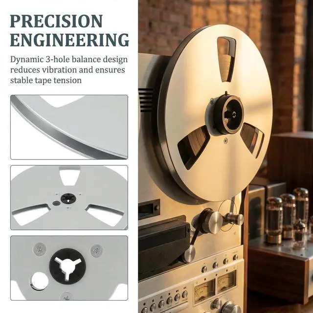 Alt view image 3 of 4 - 7 Inch Empty Tape Reel, 1/4 Inch Aluminum Takeup Reel | Aircraft-grade aluminum construction with CNC machining and 3-hole design for Pioneer, Akai and TEAC systems