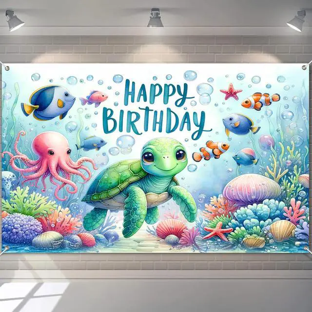 Main image of Happy Birthday Banner Under The Sea Backdrop 120x84 Inch | Ocean Animals Theme Party Background Decoration with Turtle Octopus for Kids Girls Boys Celebration Large