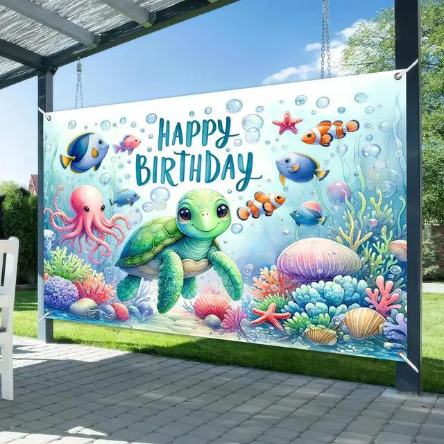 Alt view image 2 of 5 - Happy Birthday Banner Under The Sea Backdrop 120x84 Inch | Ocean Animals Theme Party Background Decoration with Turtle Octopus for Kids Girls Boys Celebration Large