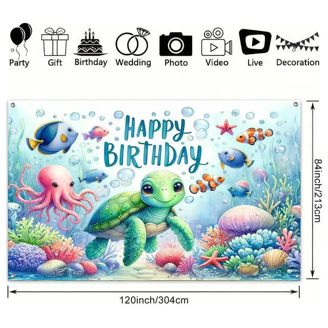 Alt view image 3 of 5 - Happy Birthday Banner Under The Sea Backdrop 120x84 Inch | Ocean Animals Theme Party Background Decoration with Turtle Octopus for Kids Girls Boys Celebration Large