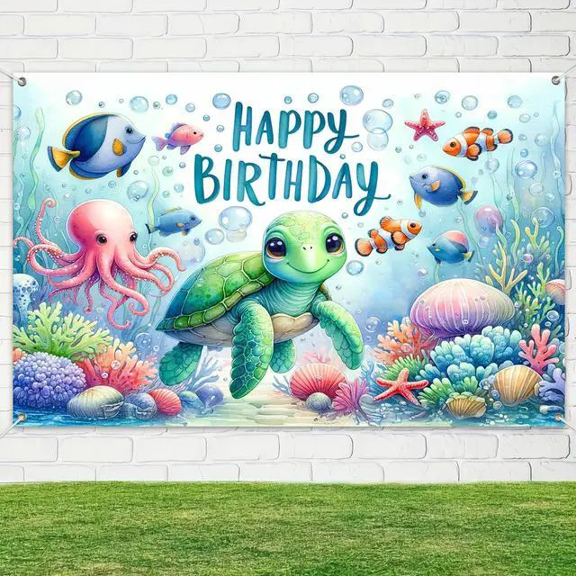 Alt view image 4 of 5 - Happy Birthday Banner Under The Sea Backdrop 120x84 Inch | Ocean Animals Theme Party Background Decoration with Turtle Octopus for Kids Girls Boys Celebration Large