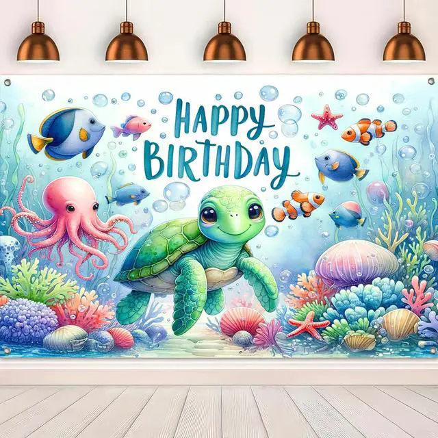 Alt view image 5 of 5 - Happy Birthday Banner Under The Sea Backdrop 120x84 Inch | Ocean Animals Theme Party Background Decoration with Turtle Octopus for Kids Girls Boys Celebration Large