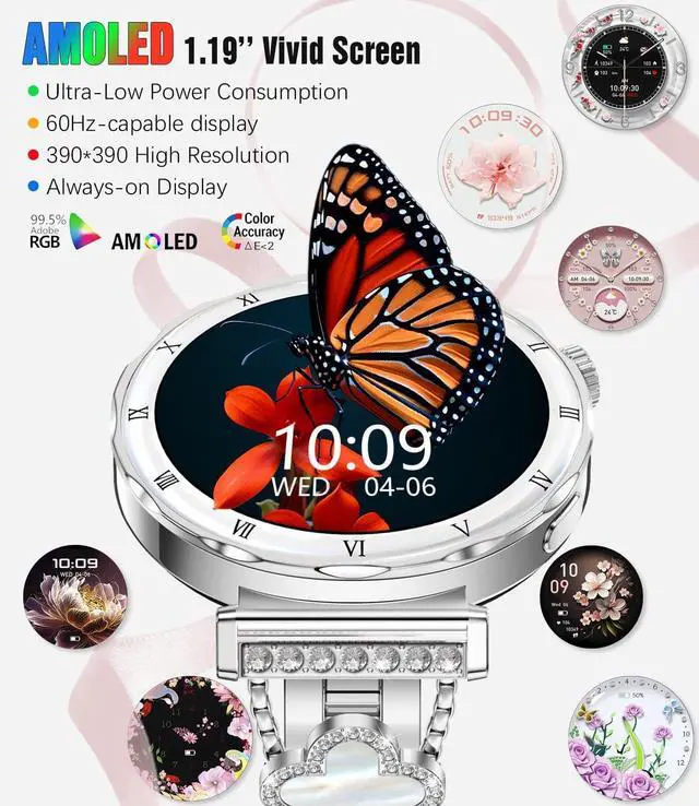 Alt view image 2 of 7 - Women's Smart Watch, 1.19" AMOLED Always-On Display Fitness Tracker with Bluetooth Call, Heart Rate Blood Pressure Sleep Monitor for Android & iOS, Rose Gold Diamond Band (Silver)