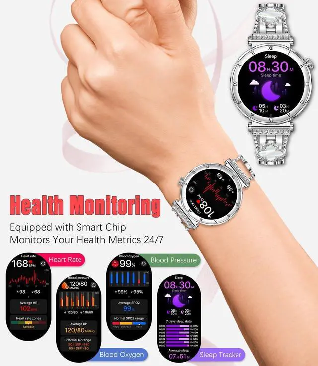 Alt view image 3 of 7 - Women's Smart Watch, 1.19" AMOLED Always-On Display Fitness Tracker with Bluetooth Call, Heart Rate Blood Pressure Sleep Monitor for Android & iOS, Rose Gold Diamond Band (Silver)