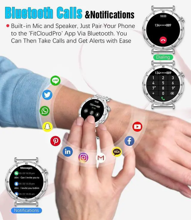 Alt view image 4 of 7 - Women's Smart Watch, 1.19" AMOLED Always-On Display Fitness Tracker with Bluetooth Call, Heart Rate Blood Pressure Sleep Monitor for Android & iOS, Rose Gold Diamond Band (Silver)