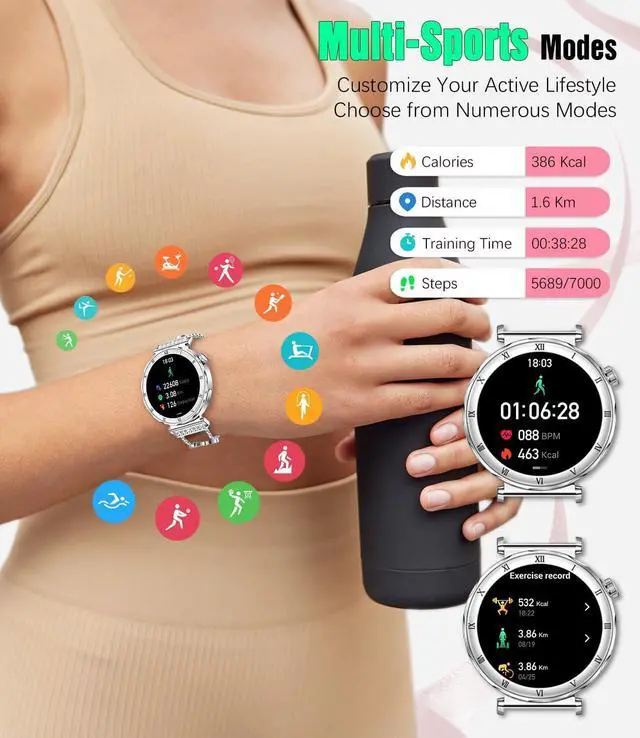 Alt view image 5 of 7 - Women's Smart Watch, 1.19" AMOLED Always-On Display Fitness Tracker with Bluetooth Call, Heart Rate Blood Pressure Sleep Monitor for Android & iOS, Rose Gold Diamond Band (Silver)