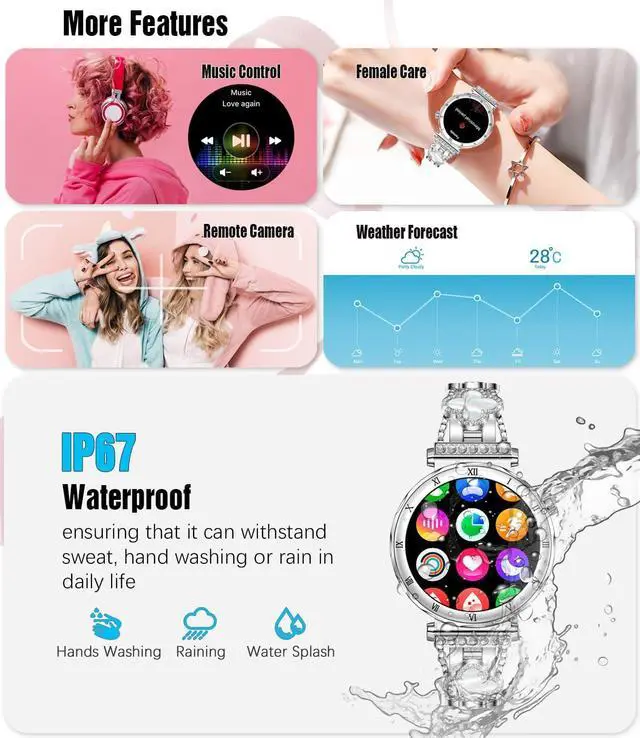 Alt view image 6 of 7 - Women's Smart Watch, 1.19" AMOLED Always-On Display Fitness Tracker with Bluetooth Call, Heart Rate Blood Pressure Sleep Monitor for Android & iOS, Rose Gold Diamond Band (Silver)