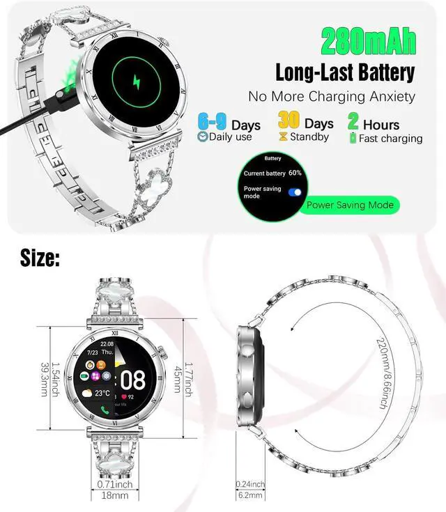 Alt view image 7 of 7 - Women's Smart Watch, 1.19" AMOLED Always-On Display Fitness Tracker with Bluetooth Call, Heart Rate Blood Pressure Sleep Monitor for Android & iOS, Rose Gold Diamond Band (Silver)