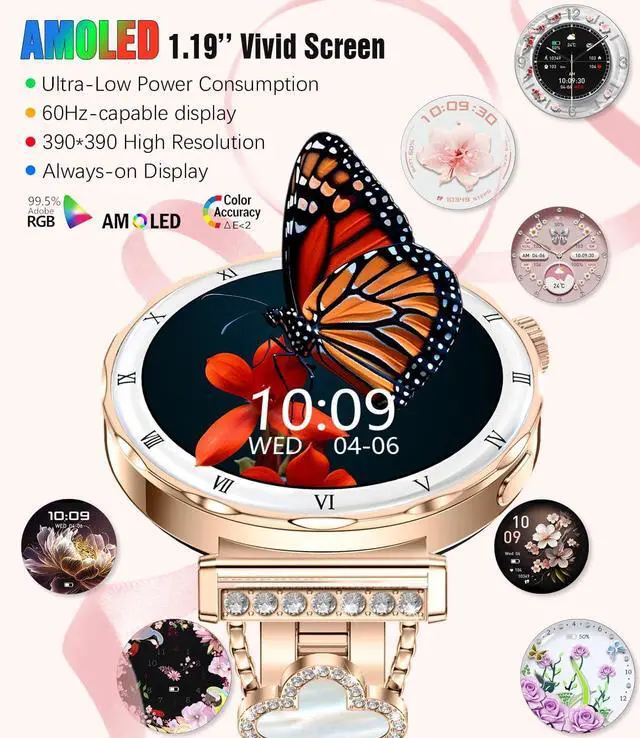Alt view image 2 of 3 - Women's Smart Watch, 1.19" AMOLED Always-On Display Fitness Tracker with Bluetooth Call, Heart Rate Blood Pressure Sleep Monitor for Android & iOS, Rose Gold Diamond Band (Gold)